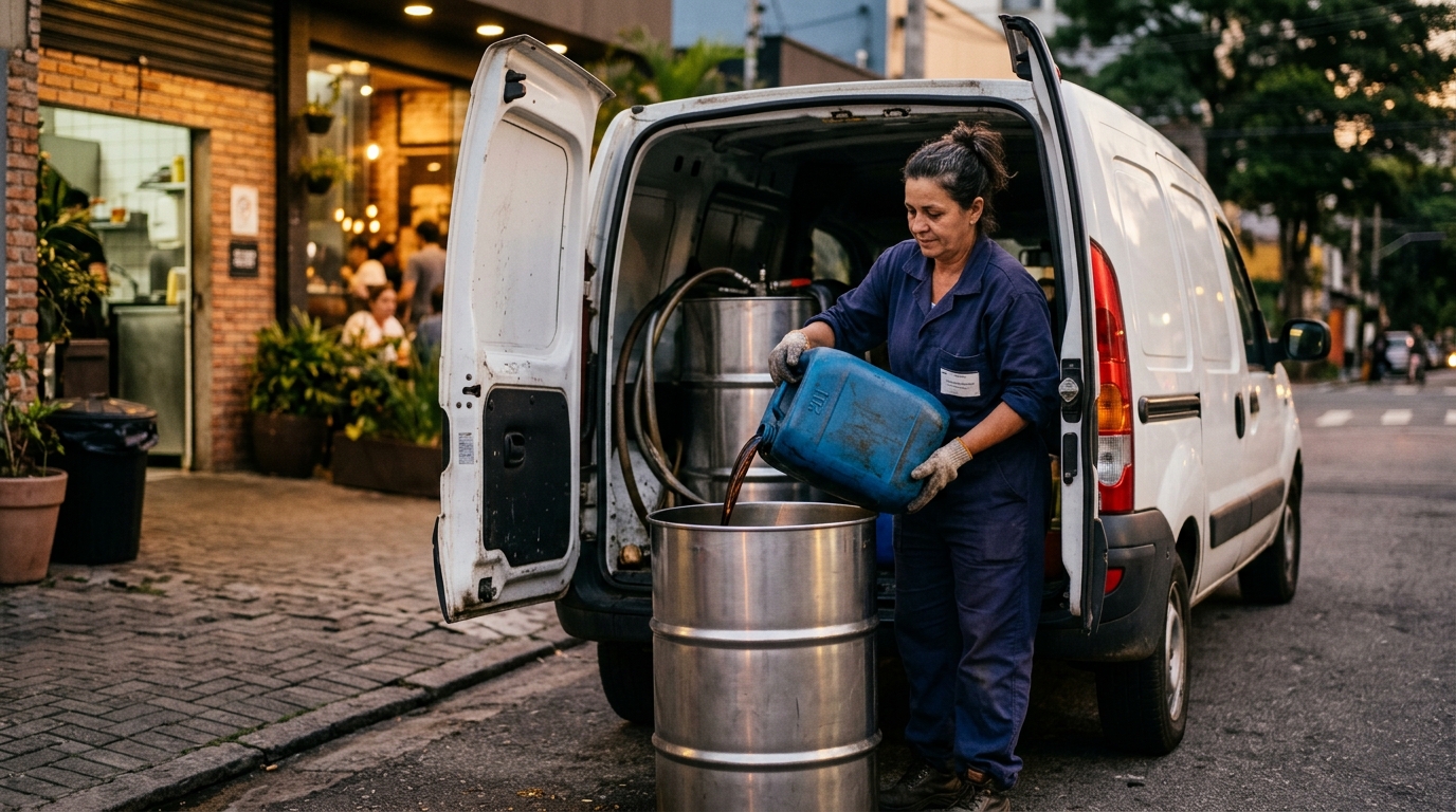 Coletor recolhendo óleo de cozinha usado num restaurante ao entardecer